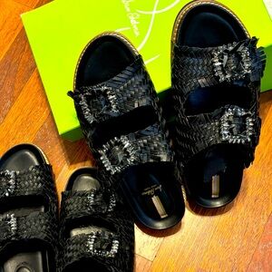 Sam and Libby black sandels leather upper and lower silver detail